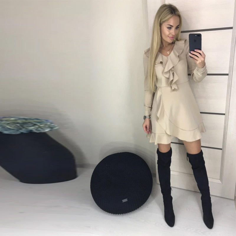 Women Vintage Ruffled Strap A-line Party Dress Long Sleeve Sexy V neck Solid Elegant Casual Mini Dress Autumn Fashion Dress