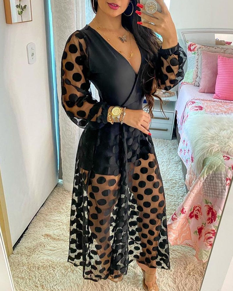 Women's Clothing Spring Polkadot Print Wrap Long Sleeve Maxi Dress See Through Party Wedding Formal Elegant Boho V Neck