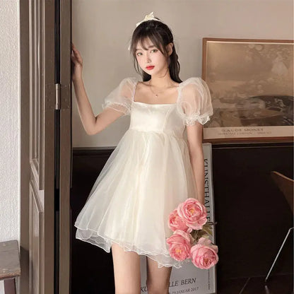 vmtvr Summer Sexy Party Dress Women French Style Princess Sweet Kawaii Mini Dress Puff Sleeve Casual Office Elegant Dresses for Women