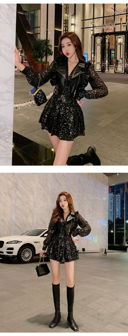 vmtvr - Fashion Korean 2 Piece Outfit Women Y2K Chic Casual Sexy Zipper Vest Tank Coat Sparkly Gold Print Mini Dress Slim Party Club Set