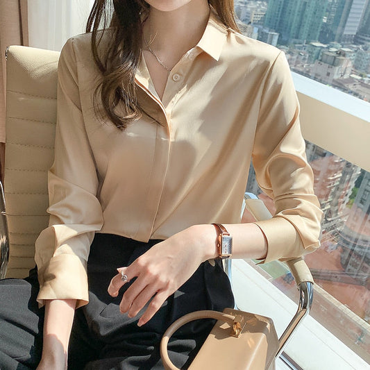 -Fall Outfits Long Sleeve Top  Black Friday Elegant Satin Blouse Autumn Spring Turn-Down Collar Single-Breasted Long Sleeve Female Chiffon Shirt Ladies Blouse Plus