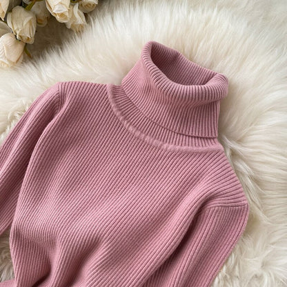 Sweater Dress Winter Turtleneck Warm Long Sleeve Knit Dress Korean Fashion Casual Solid Women Midi Bodycon Dress