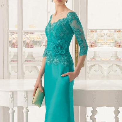 vmtvr Gorgeous Teal Lace Mother of the Bride Dresses With Off Shoulder Three Quarter Sleeves Wedding Guest Gowns V Neck Full Length