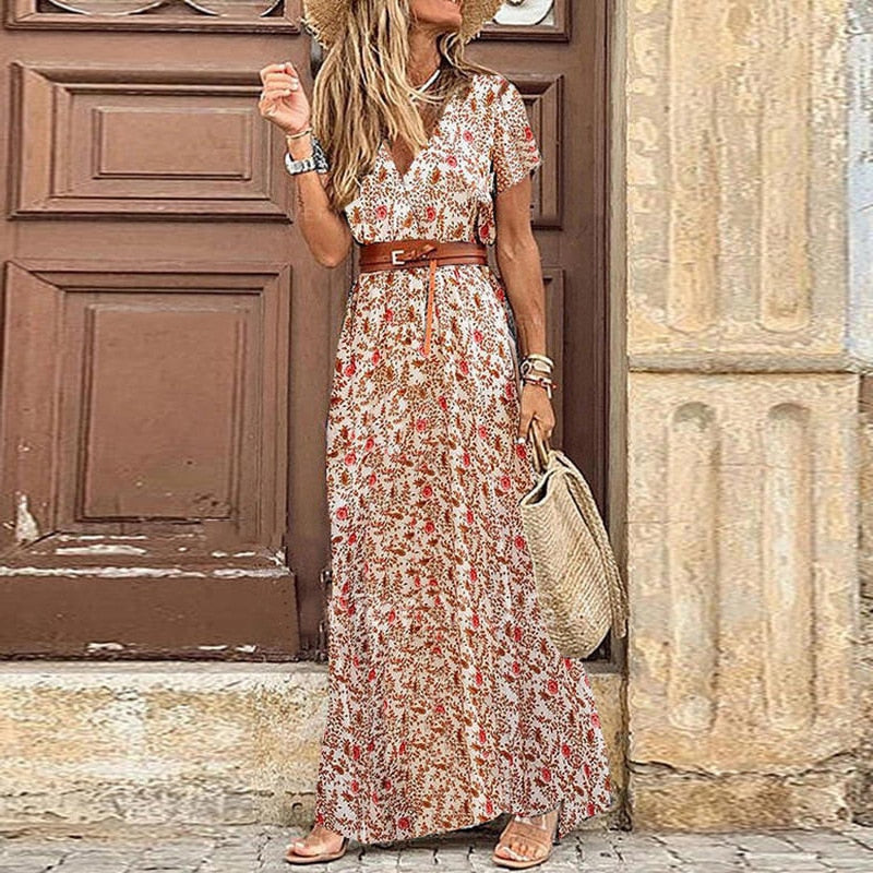 vmtvr Autumn Dress  Women New Fashionable Bohemian V-neck Floral Print Long Dress Female Short Sleeve Sexy High Split Maxi Dresses