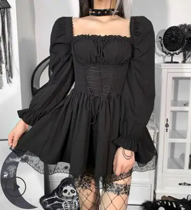 vmtvr  -  Lolita Princess Black Gothic Sexy Mini Bad Girl Dress Kawaii High Waist Puff Sleeve Lace Ruffles Party Robe Women Dresses w885