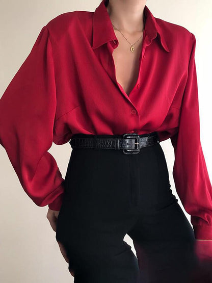 -Fall Outfits Long Sleeve Top  Women Shirt New Fashion Autumn Blouse Lapel Long Sleeve Solid Black Red Ladies Female Top Clothing Streetwear