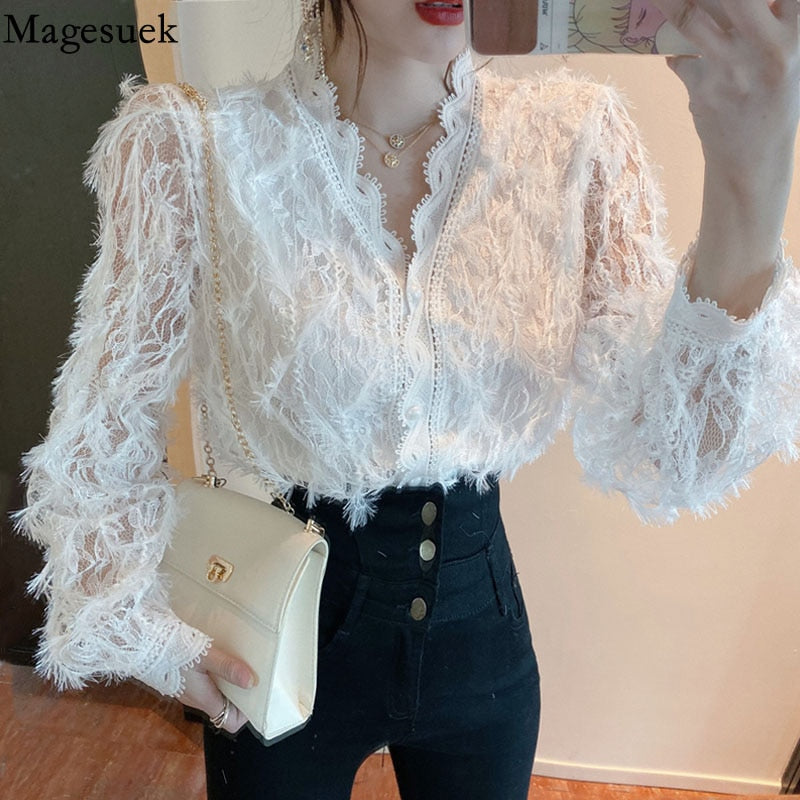 -Fall Outfits Long Sleeve Top  Vintage V-Neck Long Sleeve Lace Blouse Women Tops Tassel White Shirts Blusas Hollow Out Lace Flowers Ladies Blouses Shirts 16095