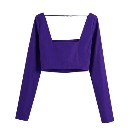 -Summer Women Vintage Two-Piece Set Purple Square Collar Short Blouse Female Casual Slim High Waist Split Midi Skirt Set