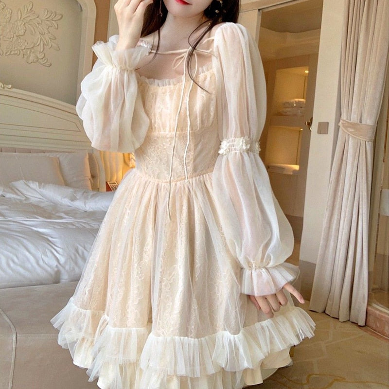 Lolita Kawaii Dress Women Casual Long Sleeve Vintage Y2k Mini Dress Female Japanese Style One Piece Dress Korean Autumn