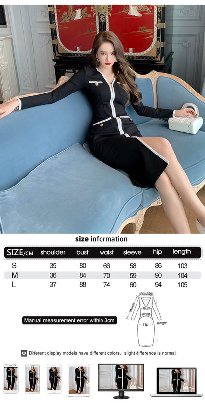 vmtvr - Autumn Vintage Female Knitted Stretch Split Midi Party Dress Ladies Elegant Long Sleeve Zippe Bodycon Pocket Button Black Dress