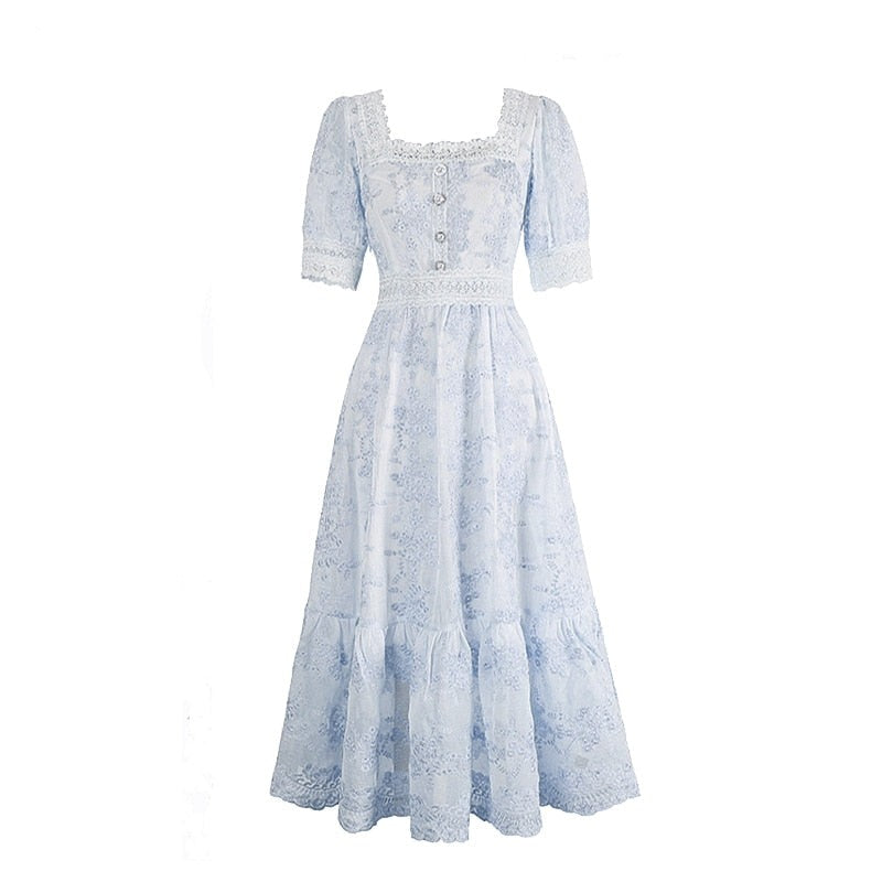 Sweet Soft Girl A Line Dress Summer Lace Embroidery Button Decor Party Dresses Casual Street Boho Vestidos Midi Feminino