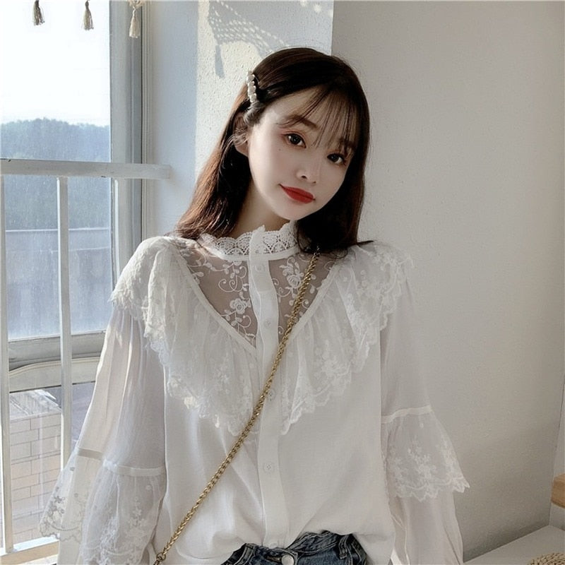 -Fall Outfits Long Sleeve Top Fashion Korean Lace Up Ruffled Blouses Women Autumn Sweet Loose Clothes Stand Collat Ladies Tops Vintage Lace Shirts Women 11335