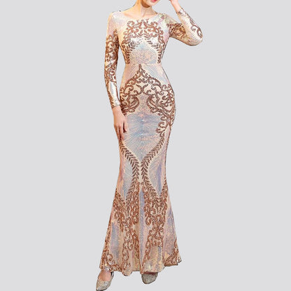 O-neck Long-Sleeve Shinning Sequins Evening Dresses Sexy Backless Mermaid Party Gowns Maxi Elegant Multi Female Robes Vestidos