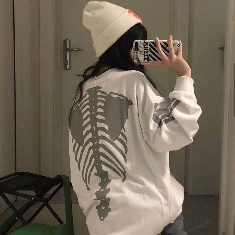 -Fall Outfits Long Sleeve Top  Halloween  New Skull Print Street Hip-Hop Couple Long-Sleeved T-Shirt Graphic T Shirts Harajuku Y2k Tops Women Shirts Clothes