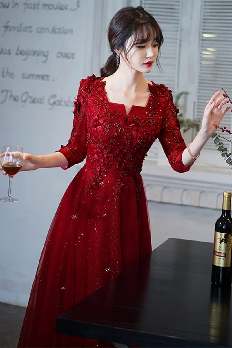 Wine Red Evening Dresses With 3/4 Sleeves Luxury Appliques A-line Floor-length Women Formal Gowns For Wedding Long