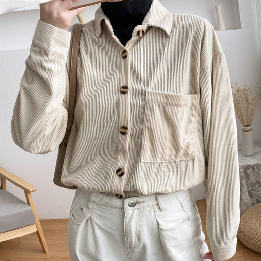 New Women Solid Corduroy Batwing Sleeve Vintage Blouse Turn-Down Collar Loose Top Button Up Pink Shirt Feminina Blusa