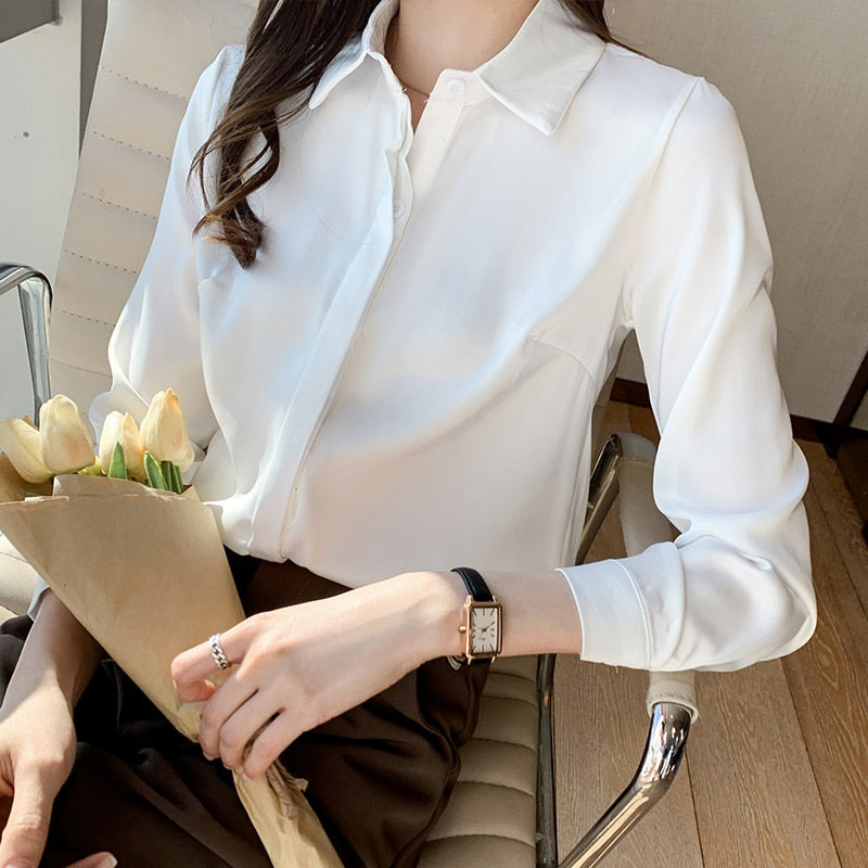 -Fall Outfits Long Sleeve Top  Black Friday Elegant Satin Blouse Autumn Spring Turn-Down Collar Single-Breasted Long Sleeve Female Chiffon Shirt Ladies Blouse Plus