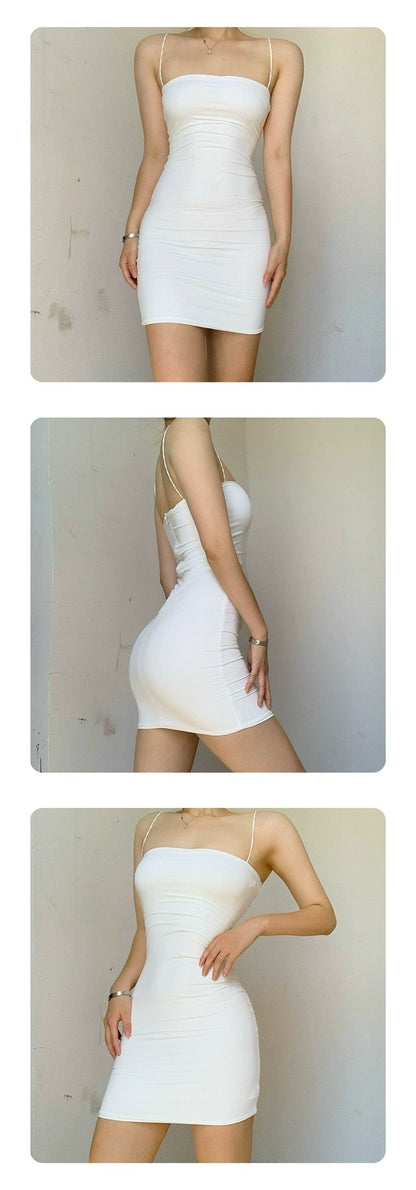 vmtvr - 2023 Summer Sexy Tight-Fitting Suspender Dress Female Solid Color Basic Stretch Bag Hip Short Dress White Mini Dress  S774