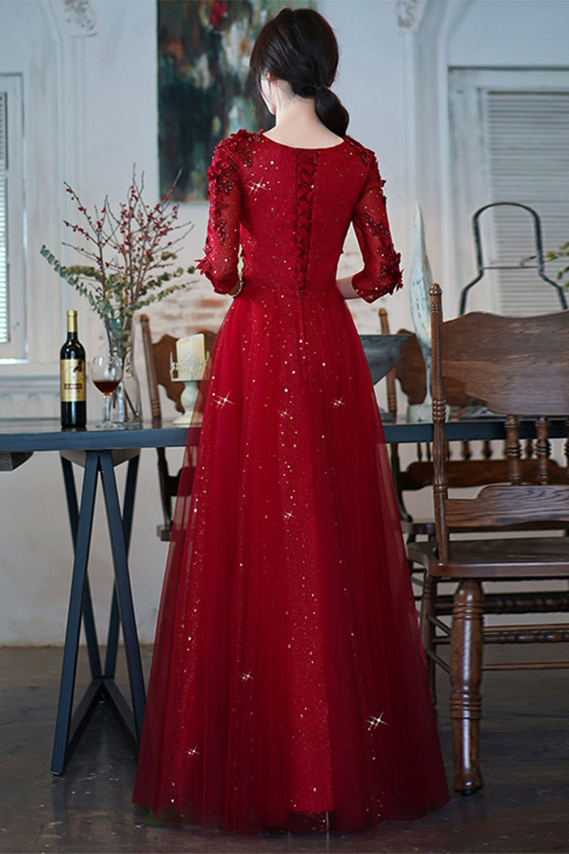 Wine Red Evening Dresses With 3/4 Sleeves Luxury Appliques A-line Floor-length Women Formal Gowns For Wedding Long