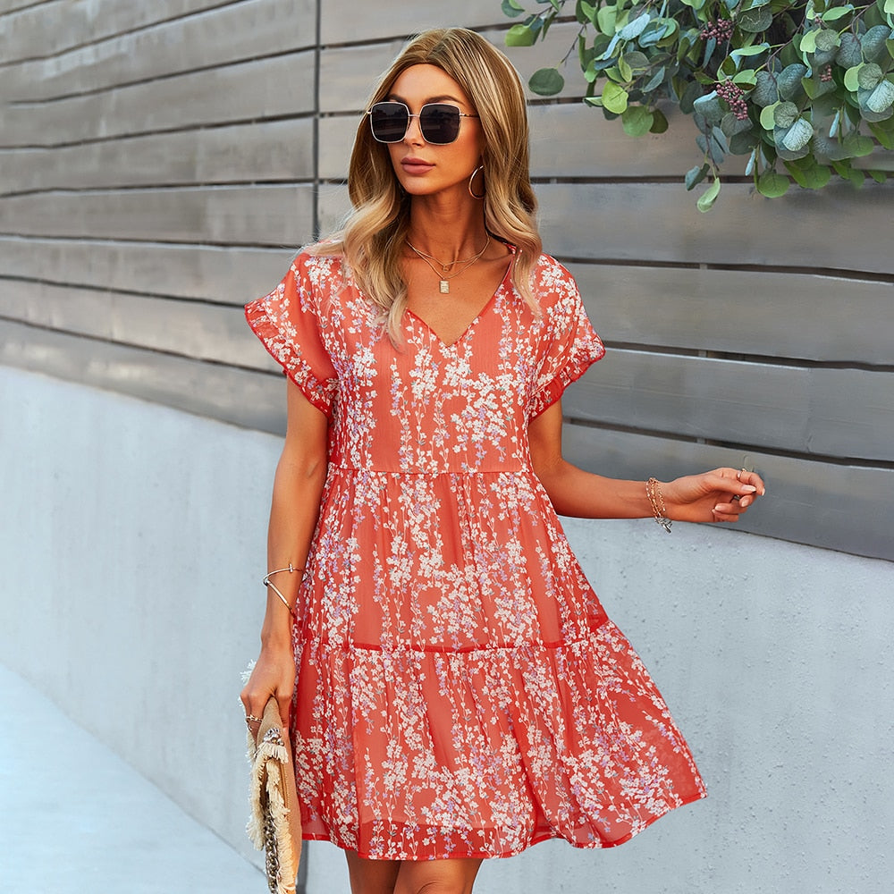 vmtvr - Floral Print Ruffles Summer Dress Elegant V-neck Butterfly Sleeve Mini Dresses For Women Holiday Party Dress Vestidos