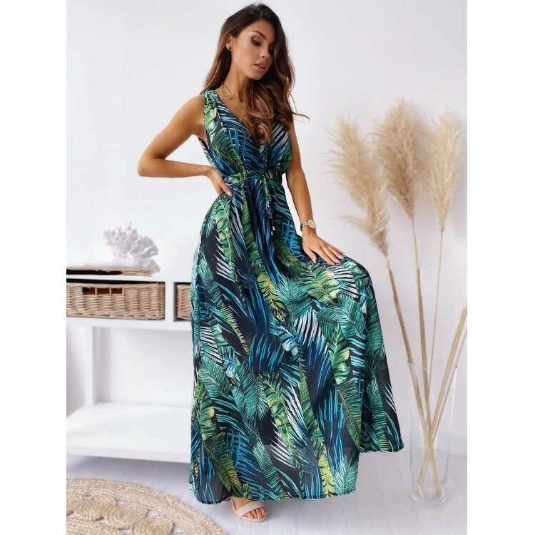 vmtvr - Casual Loose Bohemian Beach Vacation Summer Midi Dress For Women Fashion Print Lace Up Sexy Backless Deep V-neck Maxi Dresses