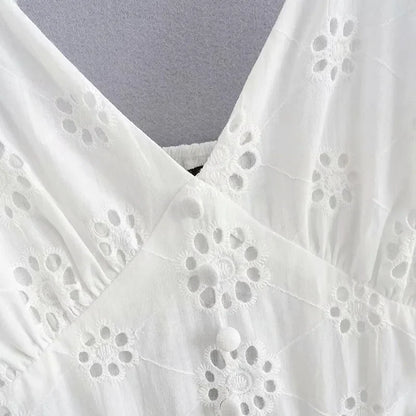 vmtvr  -  White Lace Sleeveless Summer Dress Women Hollow Out Embriodery Sundress Casual Button Beach Boho Vintage Short Dress