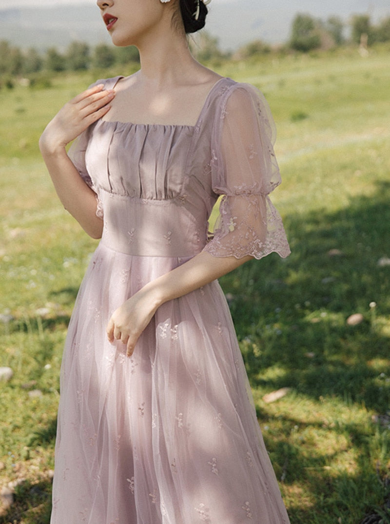 Summer Mesh Lace Fairy Dress Woman Romantic Vintage Light Purple Embroidery Floral Petal Sleeve Elegant Lady Midi Dresses