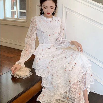 vmtvr Summer Lace Flower Embroidery Long Cake Dress Women A-Line Long Sleeve Six Layers Ruffles Dress Runway Elegant Party Dress