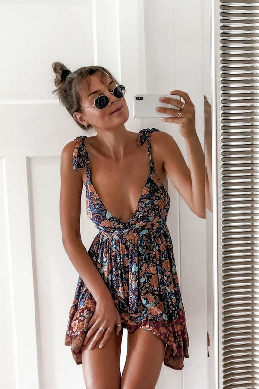 vmtvr Bohemian Style Women Summer A-Line Dress Bandage Design Sling Sleeveless V-Neck Backless Leopard Flower Print Slim Mini Dress