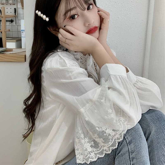 -Fall Outfits Long Sleeve Top Fashion Korean Lace Up Ruffled Blouses Women Autumn Sweet Loose Clothes Stand Collat Ladies Tops Vintage Lace Shirts Women 11335