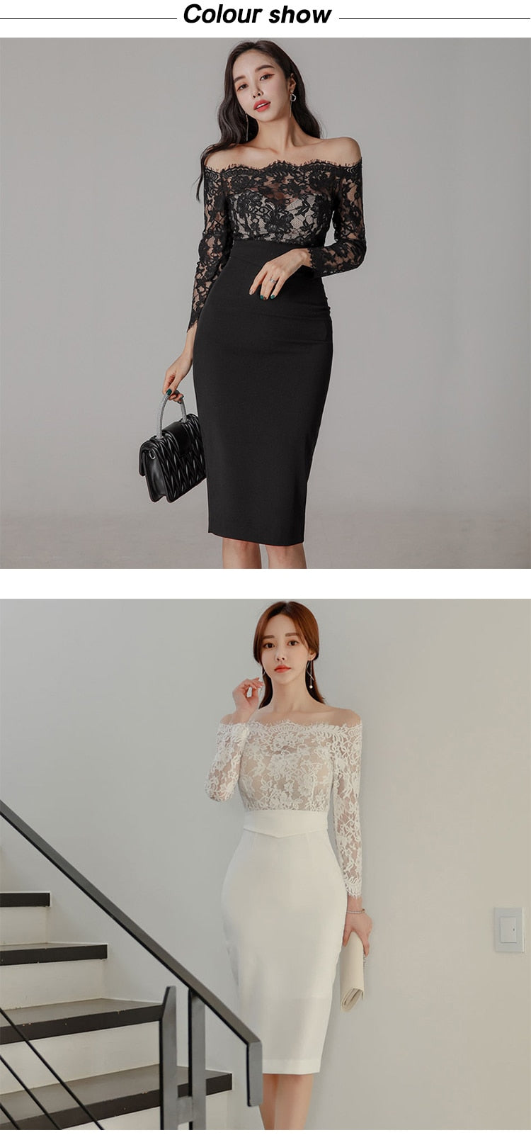 new arrival fashion korean spring midi party dress women OL temperament lace perspective sexy off-shoulder holiday pencil dress