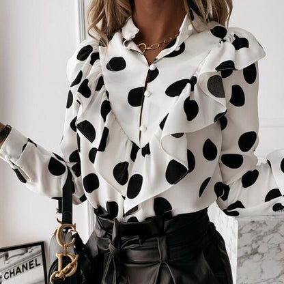 -Fall Outfits Long Sleeve Top  Casual Leopard Dot Print Ruffle Blouse Shirt Autumn Winter Long Sleeve Women Shirts Elegant Office Lady V-Neck Button Tops Blusa