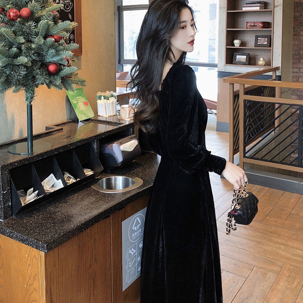 vmtvr Vintage Black Velvet Dress  Women Autumn Winter Warm Long Sleeve Maxi Dress French Elegant V-Neck Party Dresses