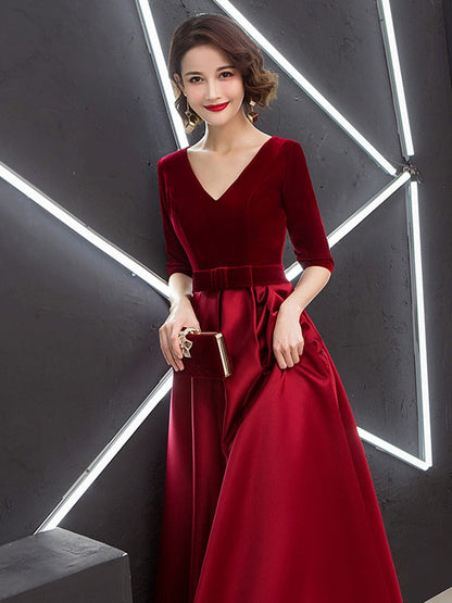 V-neck Bow Waist A-line Satin Evening Dresses Short-Sleeve Velour Formal Women Prom Dresses Elegant Graduation Party Gowns