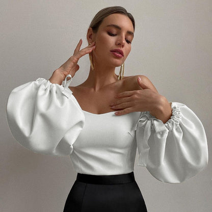 Lantern Sleeve Vintage Tops Sexy Off The Shoulder Street Blouse Elegant White Women's Blouse  Fashion Female Clothes Autumn