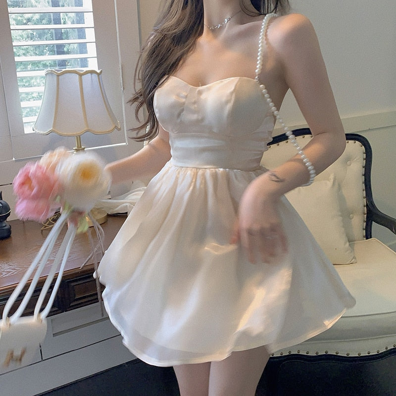 Summer Sexy Mini Sweet Dress Women Korean High Waist Strapless Elegant Dress Japanese Backlesss High Wasit Party Casual Dress