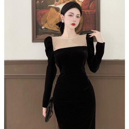 vmtvr - Black Elegant Evening Midi Dress Women Bodycon France Vintage Velvet Party Dress Ladies Korean Fashion Chic Dresses Autumn