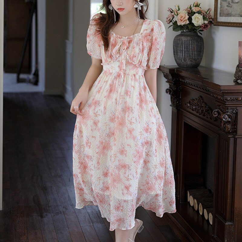 vmtvr - Chiffon Dress Women&#39;s Summer Temperament Square Collar Sweet A-line Midi Floral Pink Holiday Dresses MXA26L0197