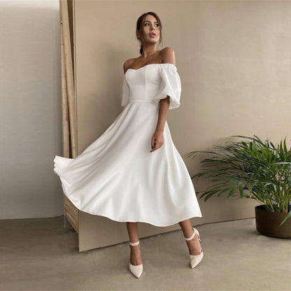 vmtvr - Churses Sexy Slash Neck Backless Midi Dress Autumn Elegant Puff Half Sleeve A-Line Long Party Dresses For Women 2021