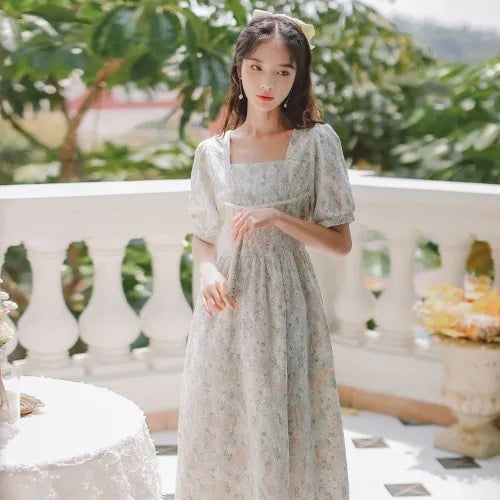 vmtvr French Puff Sleeve Fairy Dress Women Vintage Sweet Party Floral Long Dress Female Summer Chiffon Korean Bandage Dresses New