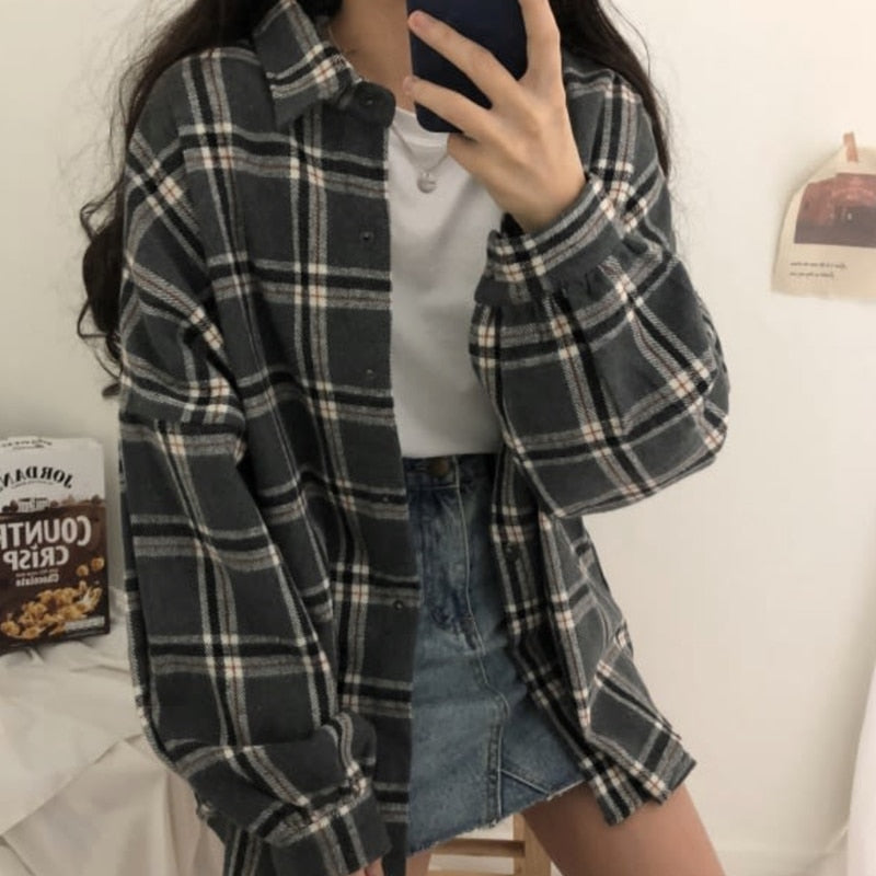 Flectit Flannel Oversized Shirt Long Sleeve Collared Boyfriend Plaid Blouse Fall Winter