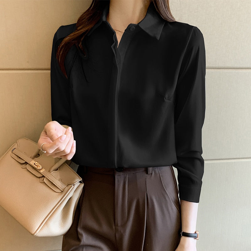 -Fall Outfits Long Sleeve Top  Black Friday Elegant Satin Blouse Autumn Spring Turn-Down Collar Single-Breasted Long Sleeve Female Chiffon Shirt Ladies Blouse Plus