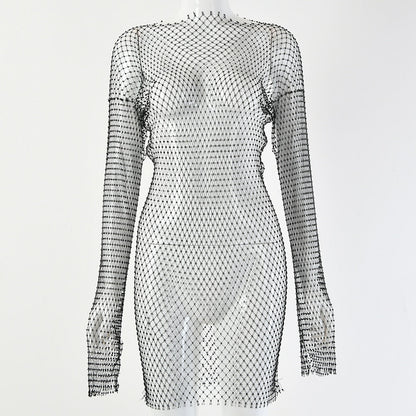 vmtvr - Diamond Sexy Bodycon Dress Women Hollow Out Long Sleeve Mini Dress Summer See Through Party Vestidos Mujer Verano