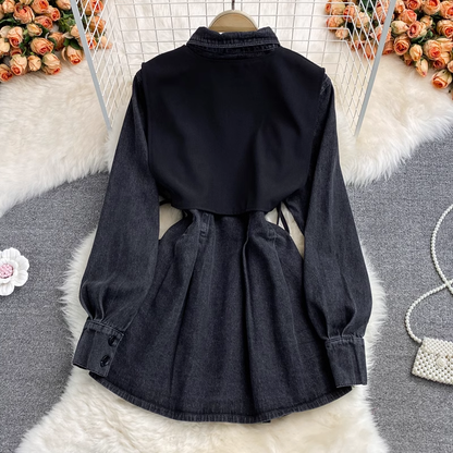 - Fake two-piece vest lapel denim dress GEU827