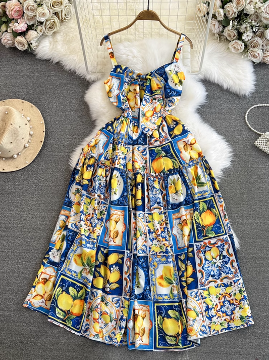 - Mid-length a-line lemon print suspender dress seaside vacation long dress GEU885