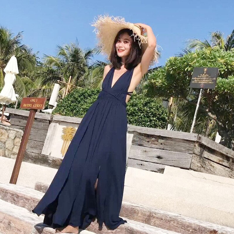 Women Summer New Maxi Boho Beach Dress Ladies Sexy Deep V Neck Backless High Slit Long Vacation Dresses Navy Blue S-XL