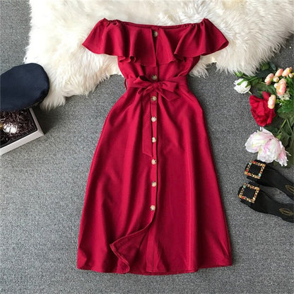 Summer New Women Casual Beach Dress Vintage Elegant A-Line Midi Dress Single-breasted With Belt Party Dress Vestidos R660