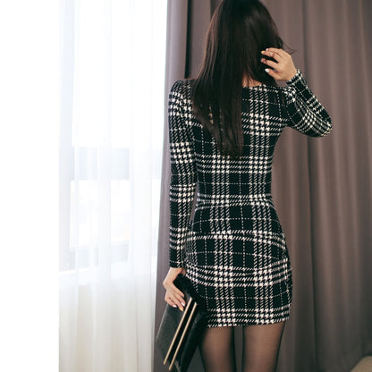 Sexy Vintage Plaid Dresses  Spring Women Long Sleeve Bodycon Office Business Work Dress Club Party Pencil Dress YH129