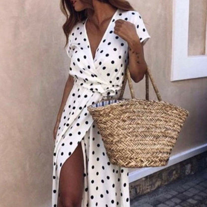 Summer Ladies Long Split Dress Polka dot Beach Dress Maxi Dress Women Evening Party Dress Floor-length Beach Hobo Sundress