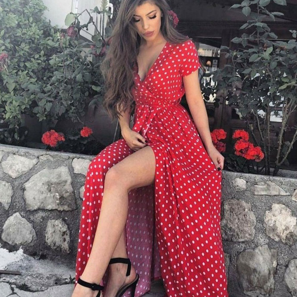 Summer Ladies Long Split Dress Polka dot Beach Dress Maxi Dress Women Evening Party Dress Floor-length Beach Hobo Sundress